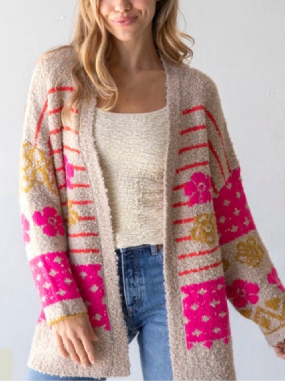 Natural Life S/M Boho Floral Stripe Cozy Open Front Cardigan Sweater Wool Blend